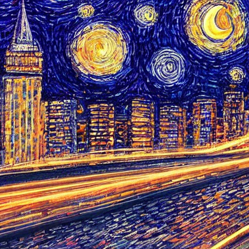 Prompt: prtrait of modern cityscape at night, 8 k, intricate, starry night, highly detailed
