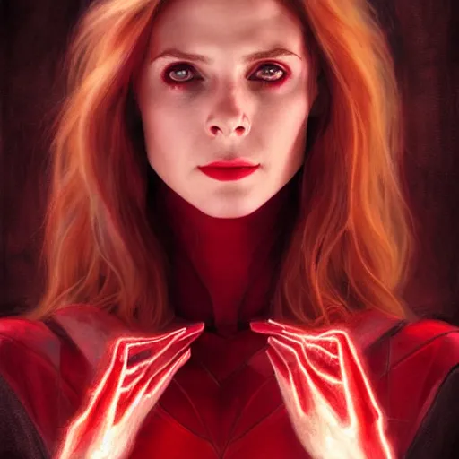 Image similar to Scarlet witch marvel, Sarah Michelle Gellar, evil smile, realistic character concept, medium shot, fun pose, comic book, illustration, slender symmetrical face and body, cinematic lighting, hyperdetailed, high resolution, Charlie Bowater, Tom Bagshaw, Norman Rockwell, symmetrical eyes, single face, insanely detailed and intricate, beautiful
