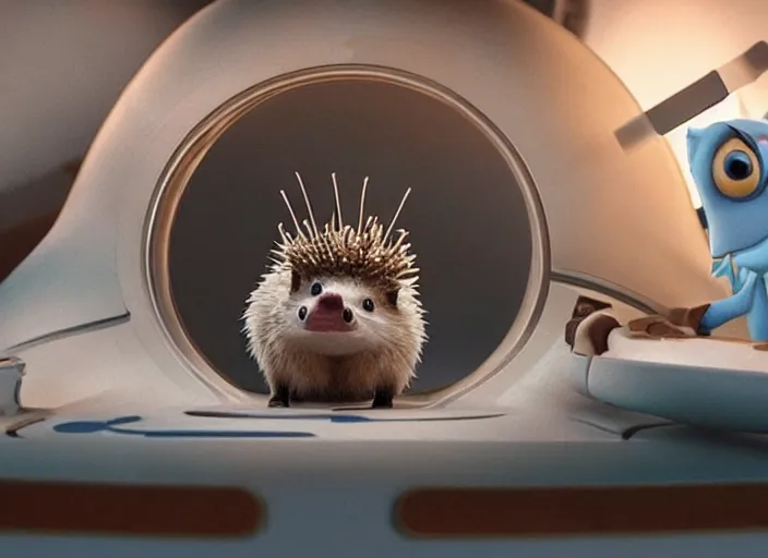 Prompt: a still from a pixar movie, of a hedgehog wearing a crown inside a scifi spaceship