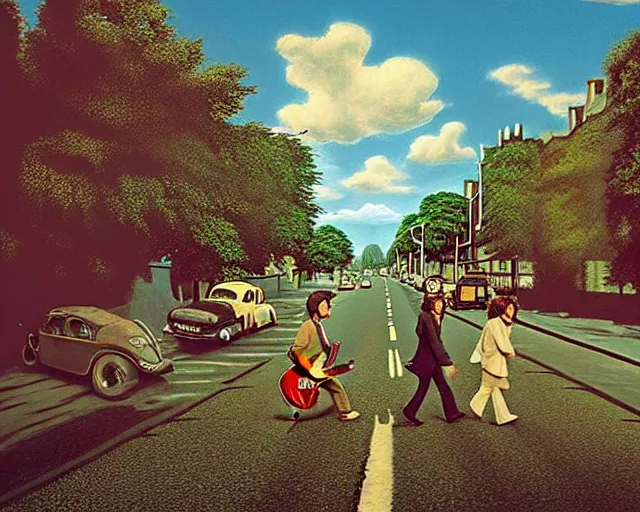 Prompt: a highly detailed matte painting of john lennon, paul mccartney, george harrison and ringo starr as the faces on four insect brown beetles, on abby road, in the style of greg rutkowski and remedios varo, ultra realistic, detailed, intricate, full of color, 4 k, hyperrealistic, focused, extreme details, masterpiece