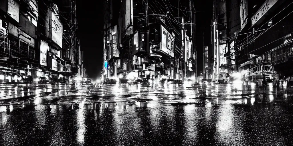 Prompt: a city street at night, raining, photograph, cars on the road, cyberpunk, sharp focus, intricate detail, award winning photograph