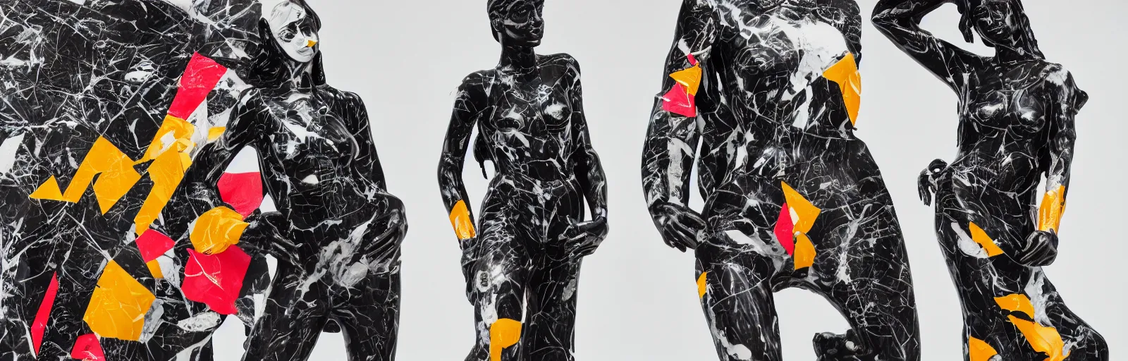 Image similar to black marble statue of a beautiful woman with colorful motocross logos in the style of virgil abloh, very very beautiful, detailed, off white, heron preston, 8 k, 4 k, detailed, beautiful, symmetrical, vogue, editorial, fashion, magazine, museum lighting, museum, gallery