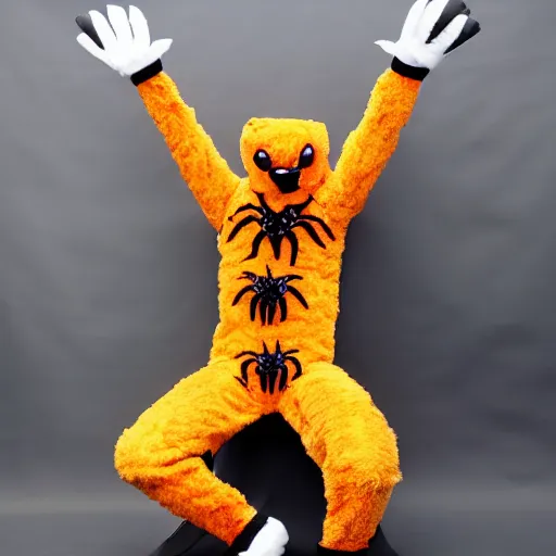 Image similar to sports team mascot, angry spider mascot costume, spider, the tarantulas, football mascot, anthropomorphic tarantula HD official photo, high quality costume