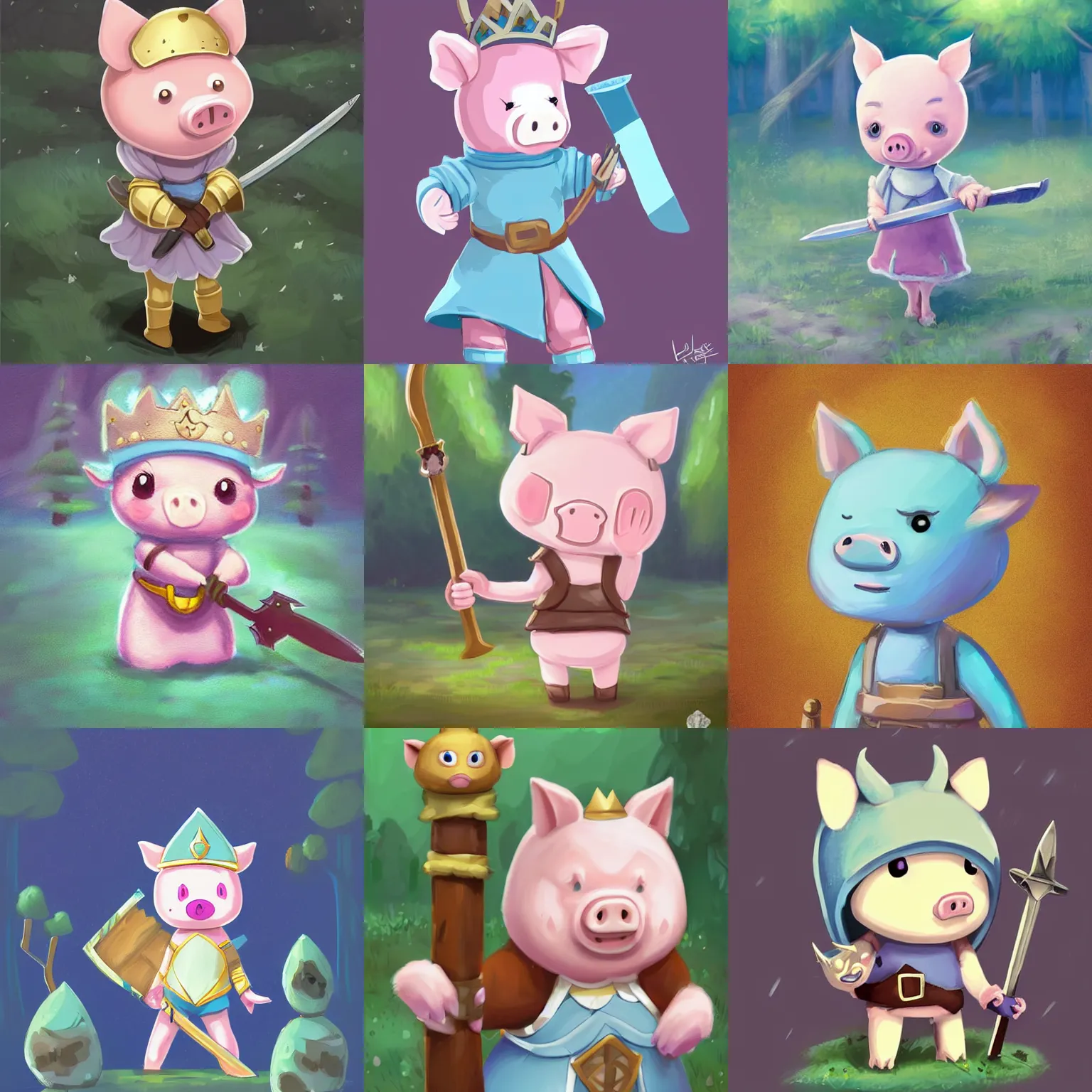 Prompt: very cute and adorable tiny anthro little piggy knight princess portrait, holding a sword, adorable blue eyes, piglet, fantasy forest landscape, lake, summer, pale blue outfit, cute forest creature, fluffy, pastel colors, Adventure Time, Dreamworks, Behance, Pokemon, Artstation, trending on artstation, peach and goma style, milk and mocha style, art of silverfox, Yee Chong Silverfox, Sydney Hanson, Sofya Emelenko, Elina Karimova