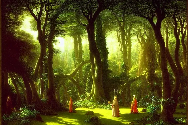 Prompt: a beautiful and highly detailed photo painting of an elven cathedral in a beautiful garden in a mystical forest, by caspar friedrich, albert bierstadt, james gurney, brian froud,