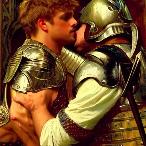 Image similar to attractive fully clothed arthur pendragon confesses his love for his attractive fully clothed male knight. highly detailed painting by gaston bussiere and j. c. leyendecker 8 k