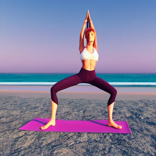 Prompt: woman doing yoga on the beach, 3d render, unreal engine, cgsociety, trending on artstation