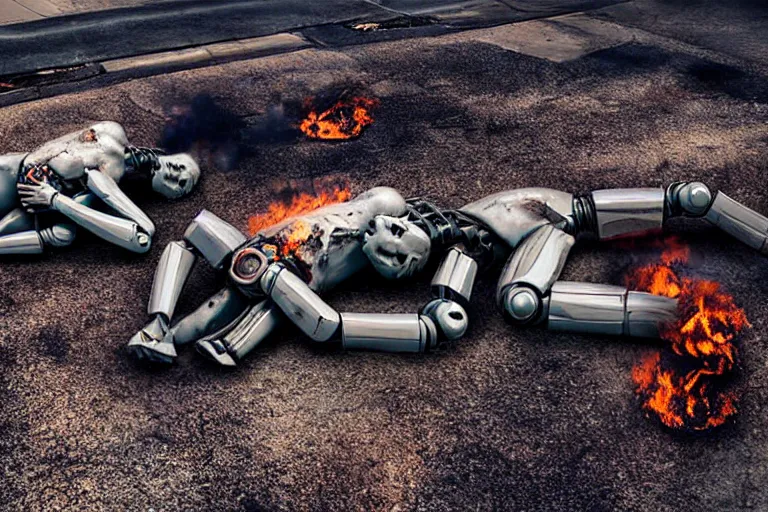 Image similar to vfx film closeup, dead robot couple on the ground holding hands, city street tire tracks fire. flat color profile low - key lighting award winning photography arri alexa cinematography, hyper real photorealistic cinematic atmospheric cool colorgrade