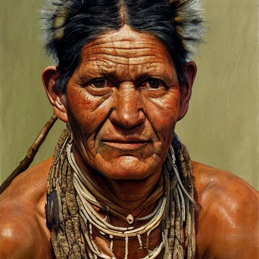 Image similar to high quality high detail painting by lucian freud, hd, portrait of a amazonian tribe leader, photorealistic lighting