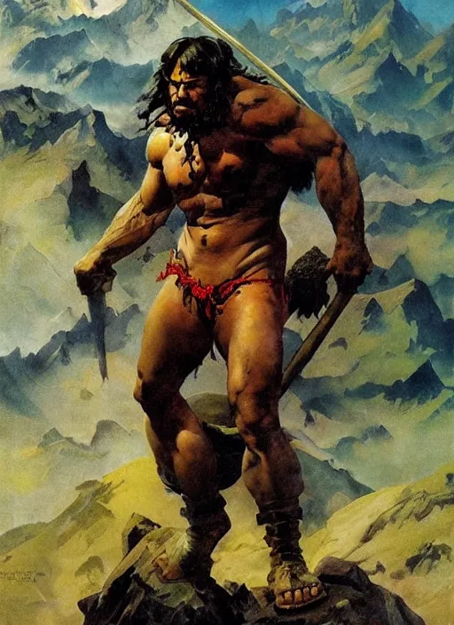 Image similar to portrait of barbarian on mountain, coherent! by mariusz lewandowski, by frank frazetta, deep color, strong line, red green black teal, high contrast