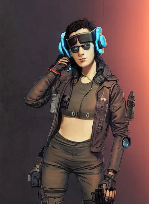 Image similar to Feminist Sara. Gorgeous female cyberpunk hacker wearing a cyberpunk headset, military vest, and pilot jumpsuit. gorgeous face. Realistic Proportions. Concept art by James Gurney and Laurie Greasley. Moody Industrial skyline. ArtstationHQ. Creative character design for cyberpunk 2077.