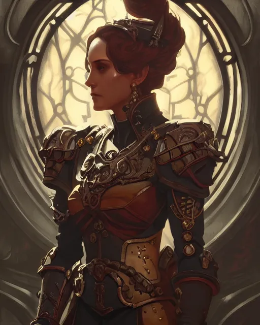 Image similar to a warhammer 40k inquisitor, art nouveau, D&D, fantasy, intricate, elegant, highly detailed, digital painting, artstation, concept art, matte, sharp focus, illustration, hearthstone, art by Artgerm and Greg Rutkowski and Alphonse Mucha