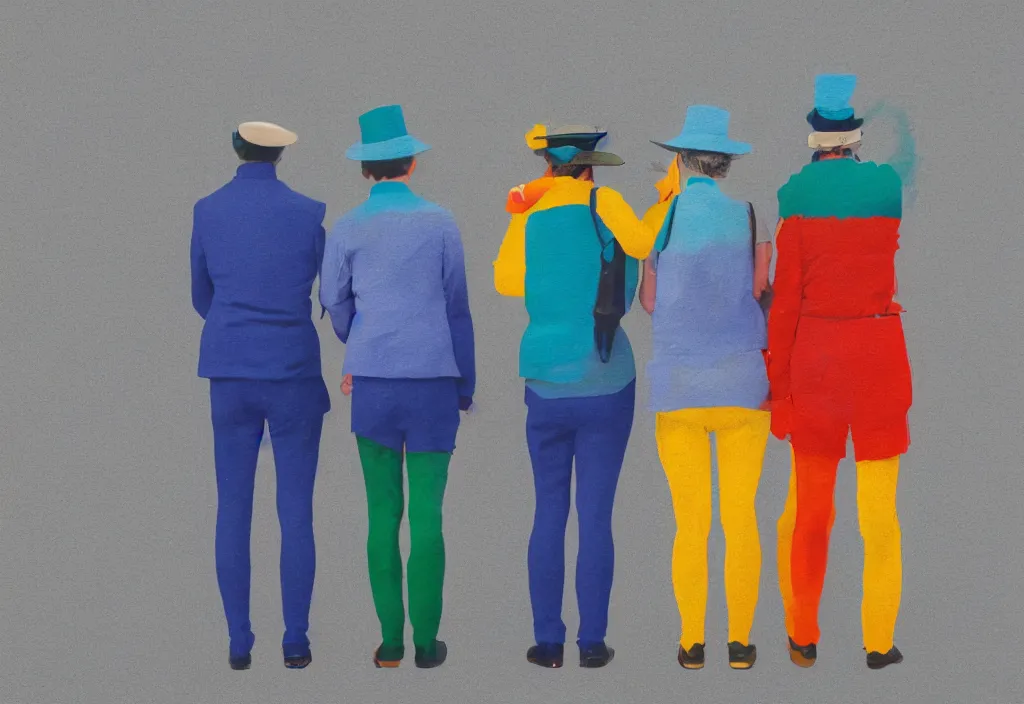 Prompt: full body portrait of a trio of european tourists with nikon cameras, rear views, character designs painting, in the style of wes anderson, rene magritte, lola dupre, david hockney, isolated on white background, dark monochrome neon spraypaint accents volumetric octane render