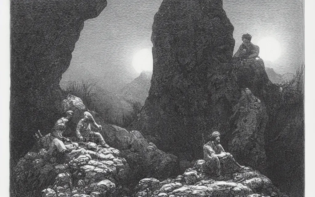 Image similar to an engraving of two men contemplating the moon on a rock in the forest by gustave dore, caspar david friedrich, ian miller, highly detailed, strong shadows, depth, lithograph engraving