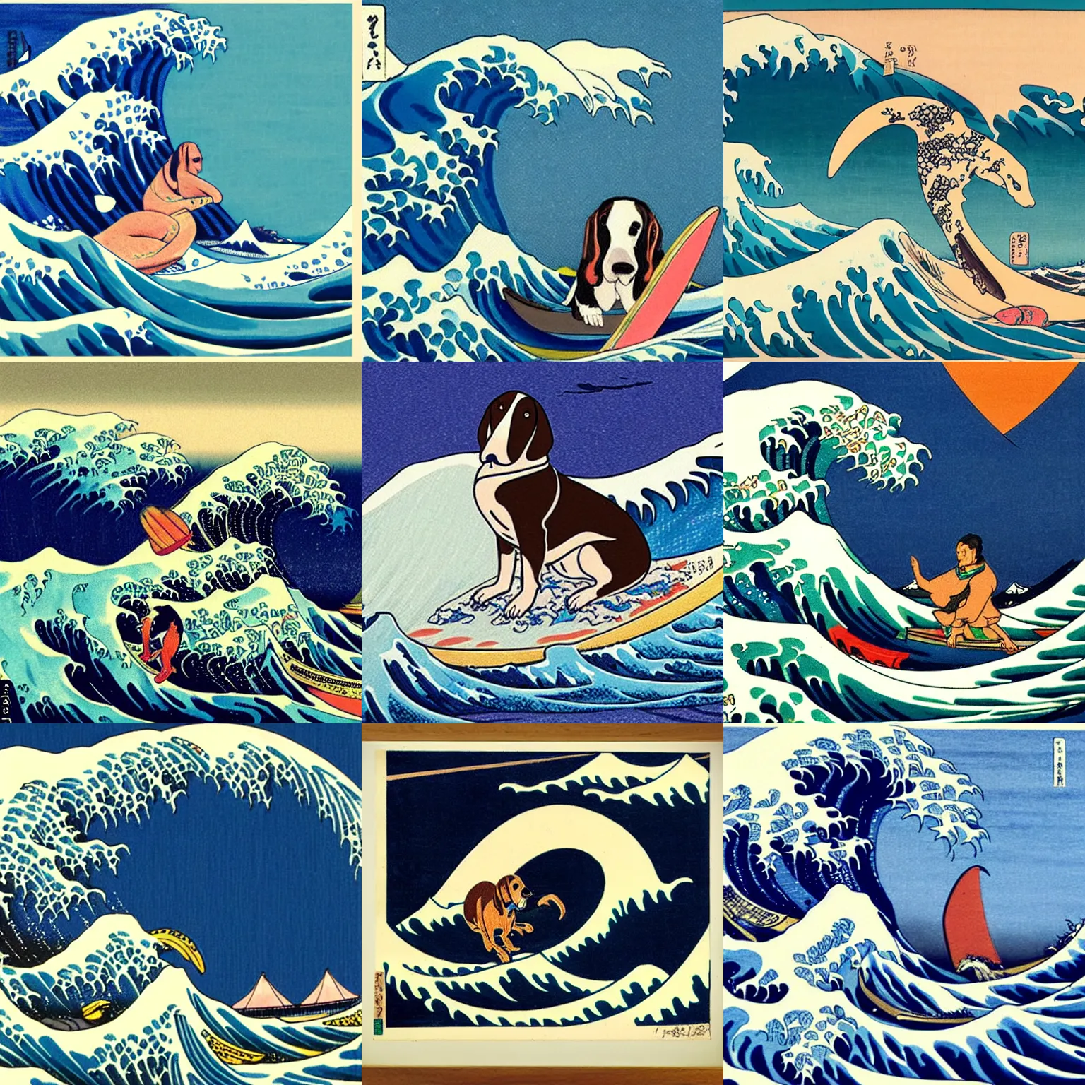 Prompt: A basset hound on a surfboard riding the The Great Wave off Kanagawa, in the style of Hokusai