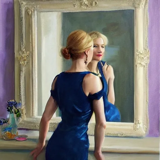 Image similar to cate blanchett in low-cut blouse in front of a mirror, painting by Vladimir Volegov