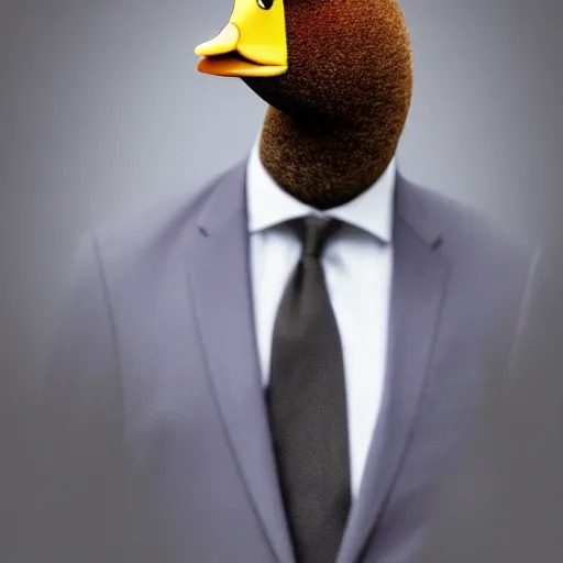 Image similar to a high detail photo of a man with a duck's head wearing a suit, antropomorphic, photorealism