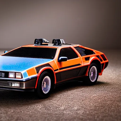 Image similar to a commercial photography of a hot wheels delorean car on a suburban street diorama scene, cinematic lighting, product shot, detailed, hq, macro lens