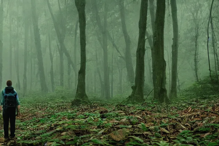 Prompt: a hiker staring at a complex organic fractal 3 d ceramic sphere floating in a lush forest, foggy, cinematic shot, photo still from movie by denis villeneuve