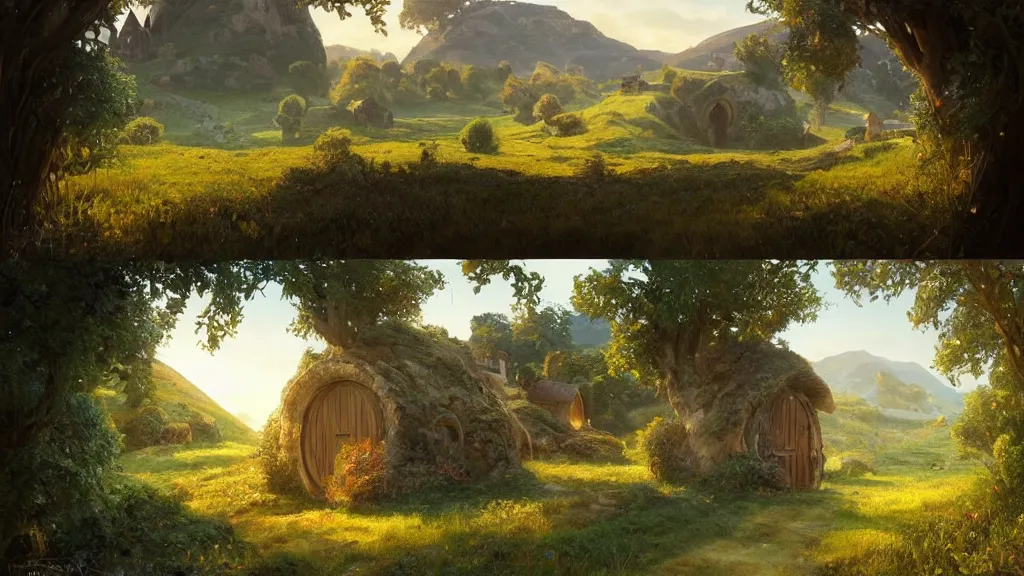 Prompt: a beautiful painting of hills in the shire with round hobbit doors and windows in them, at sunrise, intricate, elegant, highly detailed, digital painting, artstation, concept art, by krenz cushart and artem demura and alphonse mucha