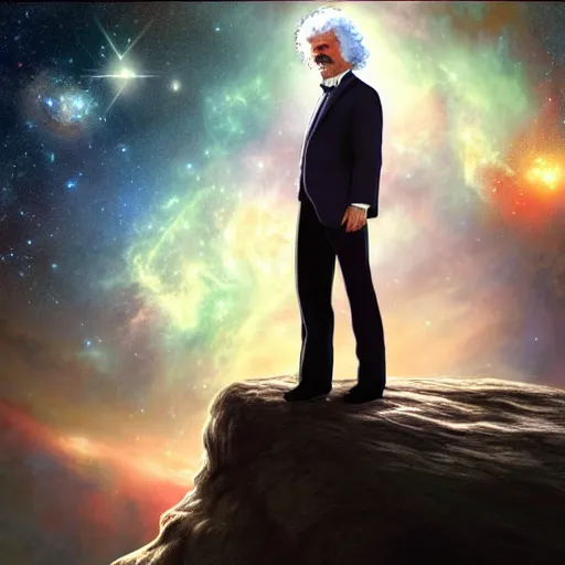 Prompt: mark twain stands at the edge of the universe, artgerm