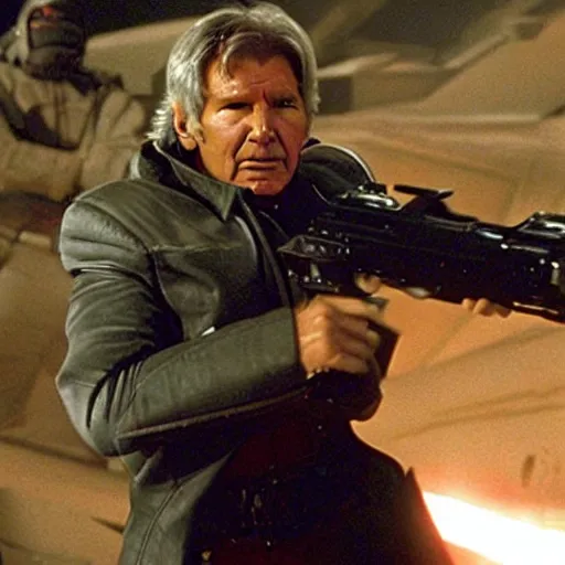 Image similar to A still of Harrison Ford as Commander Adama in Battlestar Galactica (2003), firing at a Cylon