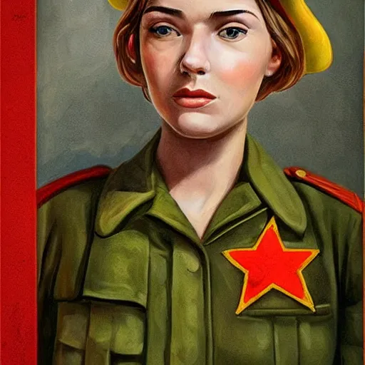 Prompt: high detail portrait oil painting illustration of beuatiful girl as soviet red army soldier eating hot baked bun, in khaki ww 2 tunic, no hat, by justin sweet with face and body clearly visible, in a scenic background, pupils visible, realistic proportions, artstation trending, high quality, sombre mood, artstation trending, muted colours, entire person visible!