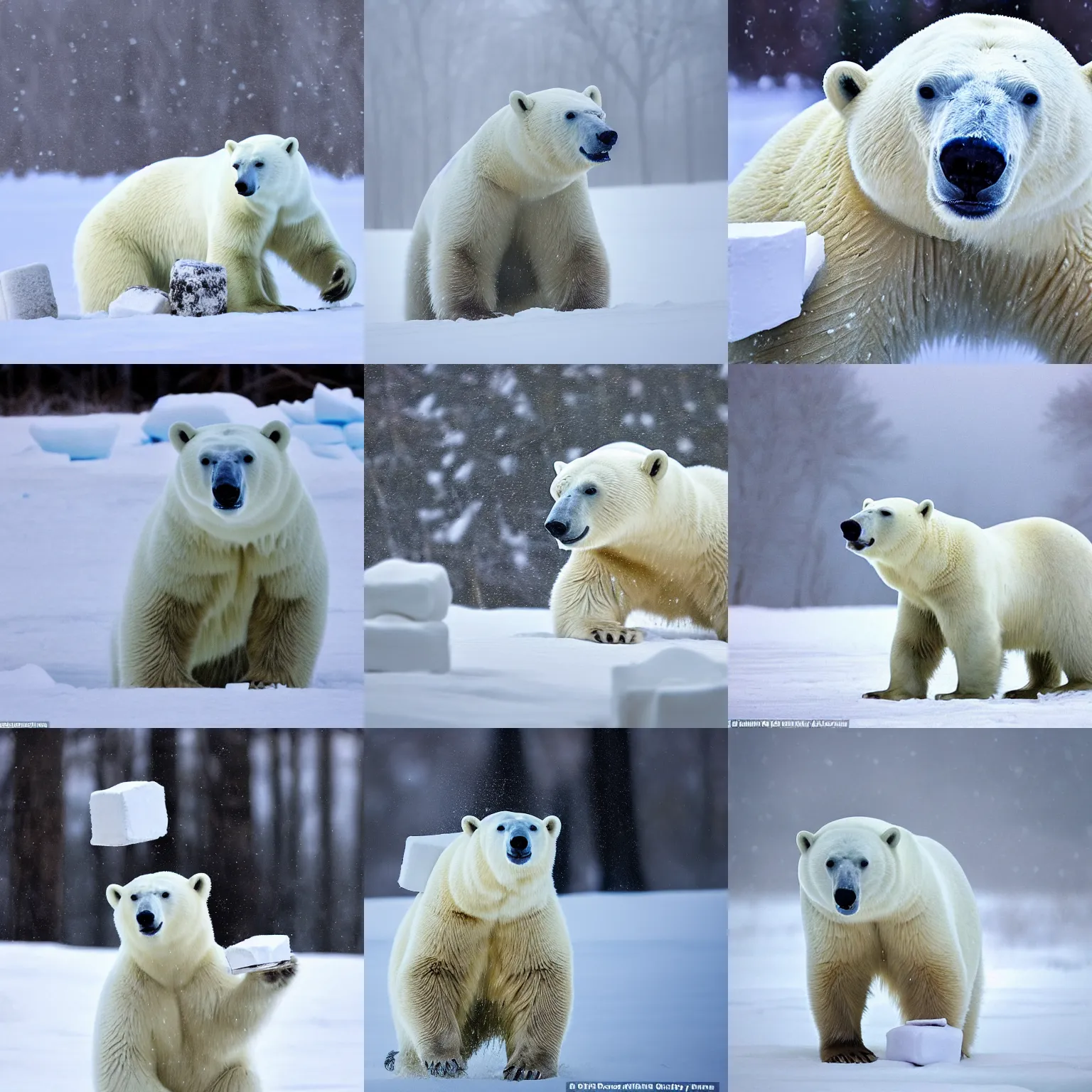 Prompt: a polar bear enjoying some white marshmallows in a blizzard. award - winning photograph, national geographic cover.