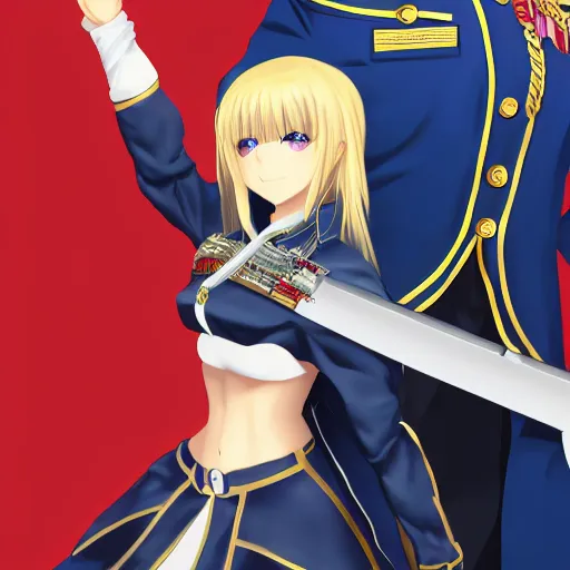 Image similar to full body portrait of saber from fate / stay night as a dictator in full military uniform with way too many medals, highly detailed, trending on artstation, 4 k, drawn by wpl