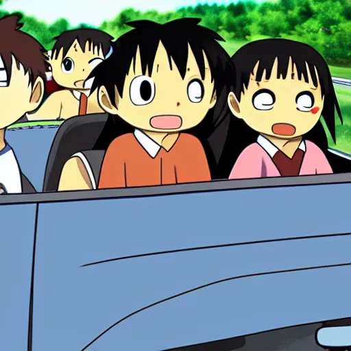 Image similar to Characters from Azumanga Daioh driving a car, in the style of azumanga daioh, 4k, dynamic lighting