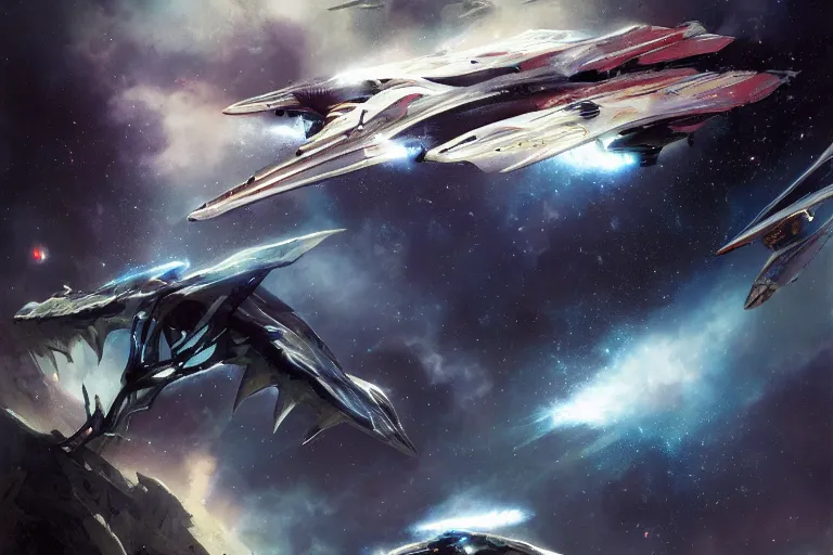 Image similar to nebula by raymond swanland, framing a pteranodon battlecruiser, with bold white kanji and number insignias, sleek, white john berkey panels, spines and towers, rows of windows lit internally, sensor array, blazing engines, robotech styling, boeing concept art, cinematic lighting by liam wong