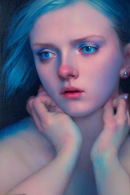 Prompt: a pale skinned girl with deep blue eyes crying neon pink tears, close up, highly detailed, intricate, sharp focus, subsurface scattering, art by caravaggio, greg rutkowski, sachin teng, thomas kindkade, alphonse mucha, norman rockwell, tom bagshaw.