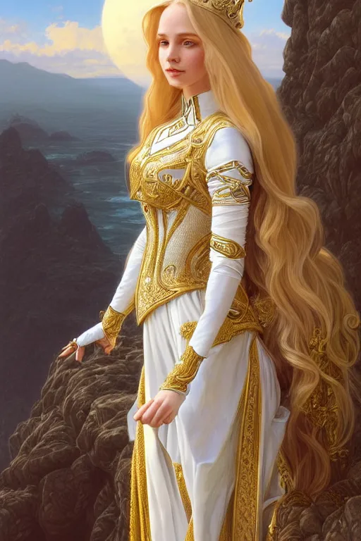 Image similar to portrait of a humanoid princess with long blonde hair, standing next to a beautiful view, ornate white officers outfit with gold embellishments, intricate, elegant, highly detailed, digital painting, artstation, concept art, smooth, sharp focus, illustration, art by artgerm and greg rutkowski and alphonse mucha, 8 k