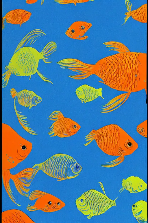 Image similar to goldfish, screen print poster, 1968 psychedelic, san francisco, hippie style