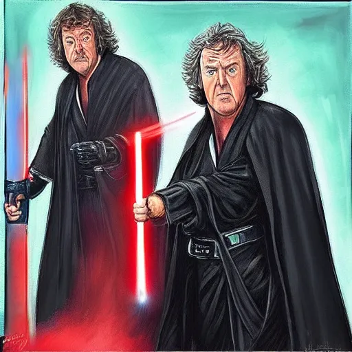 Image similar to “Jeremy Clarkson as a Sith dueling James may as a Jedi, with lightsabers, oil painting”