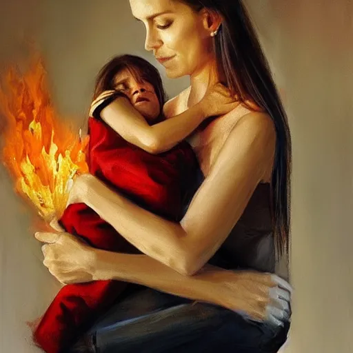 Image similar to beautiful woman cradling her child made of fire by stefan kostic, elegant, realistic, loving