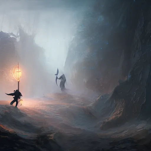 Image similar to a man tripping over a sword and falling, fantasy, digital painting, volumetric light, intricate, sharp, focus, bloom, illustration, highly detailed, concept art, matte, ruan jia, randy vargas, greg rutkowski