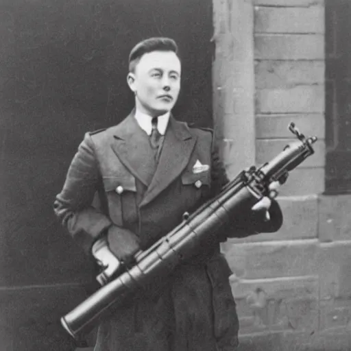 Image similar to old wartime photograph of elon musk holding a lewis gun, 1 9 1 7