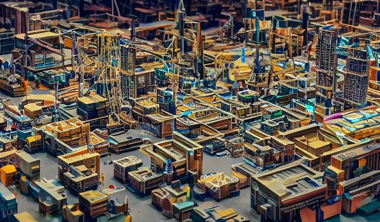 Prompt: crane shot of large group people in open warehouse, looking at hologram of futuristic city on a table, cinematic concept, godrays, golden hour, natural sunlight, 4 k, clear details, tabletop model buildings, tabletop model, ethereal hologram center, crane shot, crane shot, rule of thirds, people, people, tabletop