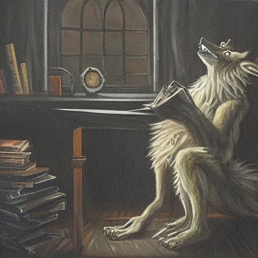 Prompt: a werewolf studying the dark arts in a dark sinister room full of scrolls and books, detailed ominous oilpainting