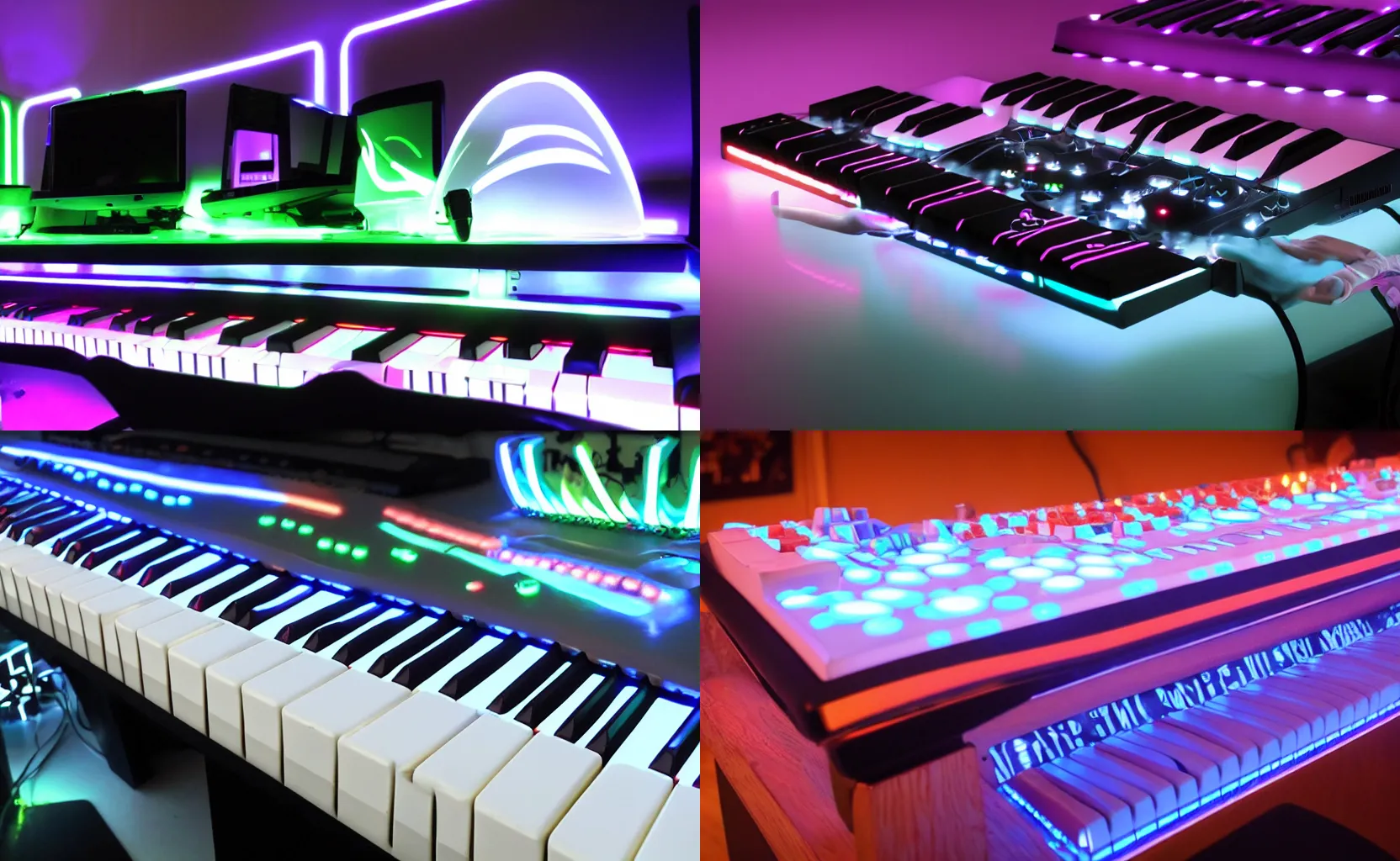 Prompt: product photo for an LED gaming piano designed by Alienware, musical instrument, glowing