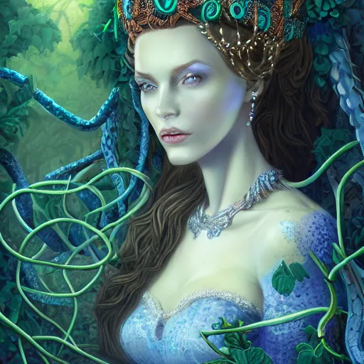 Image similar to detailed portrait of the queen of snakes, realism, pale blue, emerald, sapphire, wearing a crown of vines, nest of vipers, dark fantasy, dim moonlight, dramatic lighting, cgsociety, artstation