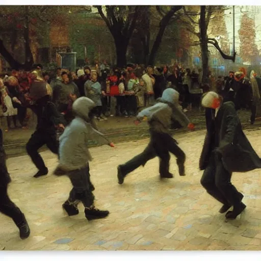 Prompt: a group of teenage boys doing the moonwalk. Ilya Repin and Ruan Jia.