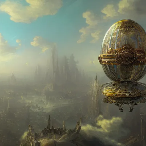 Image similar to enormous flying city in a faberge egg, sky, steampunk, fantasy art, masterpiece, hugh ferriss, unreal engine, andreas achenbach cloudy background, latticework