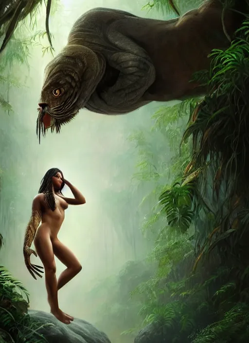 Prompt: elegant full body beautiful mulatto in the jungle caught by a predatory plant venus flycatcher in , gorgeous, close-up portrait, intricate, elegant, volumetric lighting, scenery, digital painting, highly detailed, artstation, sharp focus, illustration, concept art, ruan jia, steve mccurry, ultra detailed painting at 16K resolution and epic visuals. epically surreally beautiful image, amazing effect, image looks crazily crisp as far as it's visual fidelity goes, absolutely outstanding, vivid clarity. ultra. iridescent. mind-breaking. mega-beautiful pencil shadowing. beautiful face. Ultra High Definition. process twice.