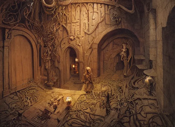 Prompt: jim henson's labyrinth. oubliette. you are in an oubliette : a place where people and things are put to be forgotten by edgar maxence and caravaggio and michael whelan and delacroix style, artistic, intricate painting, cinematic lighting, hyper realistic, extremely detailed, vivid colors, establishing shot, dramatic lighting