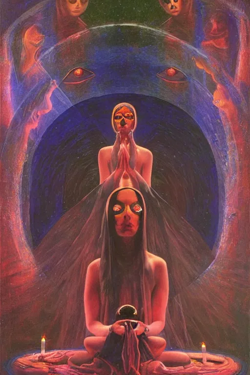 Image similar to gorgeous robed cult girl performing realism third eye ritual, positive dark theme night time, expanding energy into waves into the ethos, epic surrealism 8k oil painting, portrait, depth of field, perspective, high definition, post modernist layering, by Ernst Fuchs, Gerald Brom