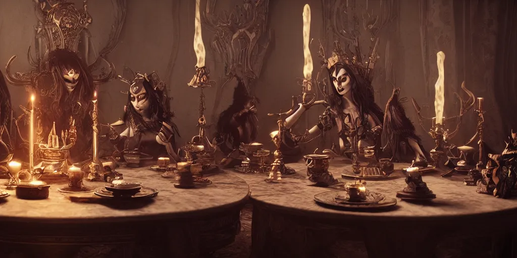 Image similar to dark witches sitting at a table doing a ritual. Ornate details, award winning. Octane render, 4k, 8k, unreal 5, very detailed, hyper control-realism, trending on artstation.”