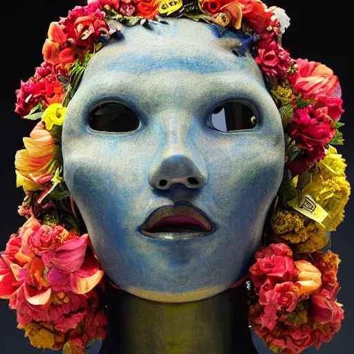 Image similar to a humanoid robot wearing a mask made of flowers, by annie swynnerton and diego rivera and tino rodriguez, symbolist, dramatic lighting, elaborate geometric ornament, art brut, soft cool colors, smooth, sharp focus, extremely detailed, adolf wolfli