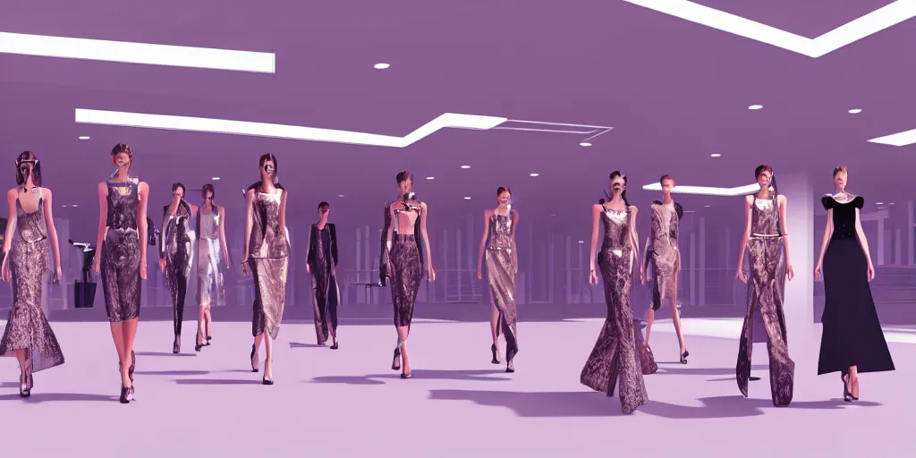 Image similar to Fashion Catwalk in a luxurious penthouse interior, concept art, rendering, hyperdetailed, unreal engine 5, 4k